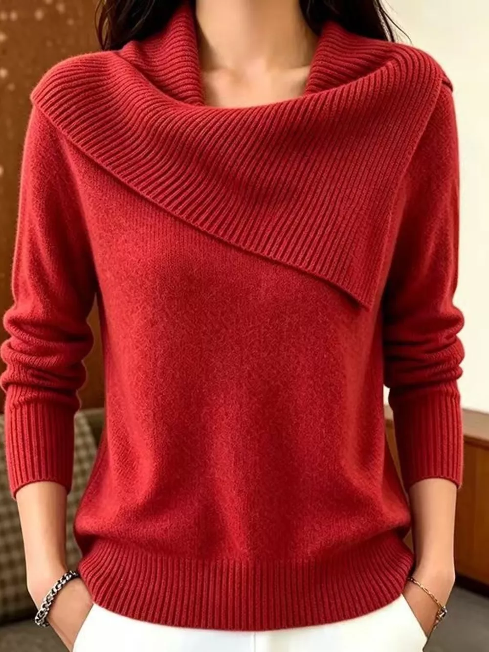 Full Size Asymmetric Ribbed Collar Sweater Plus Size, image 19