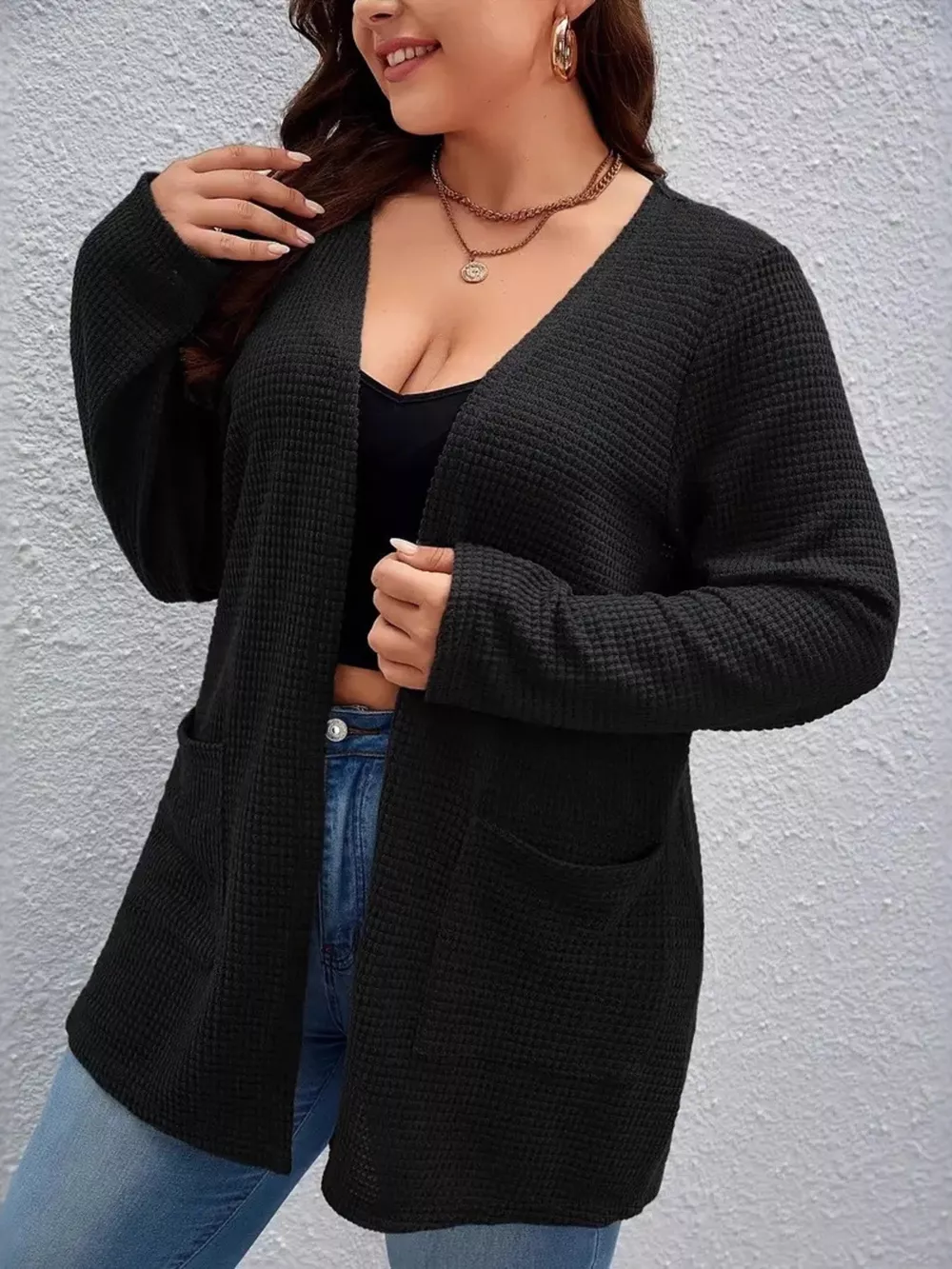 Plus Size Open Front Long Sleeve Knit Cardigan, image 3