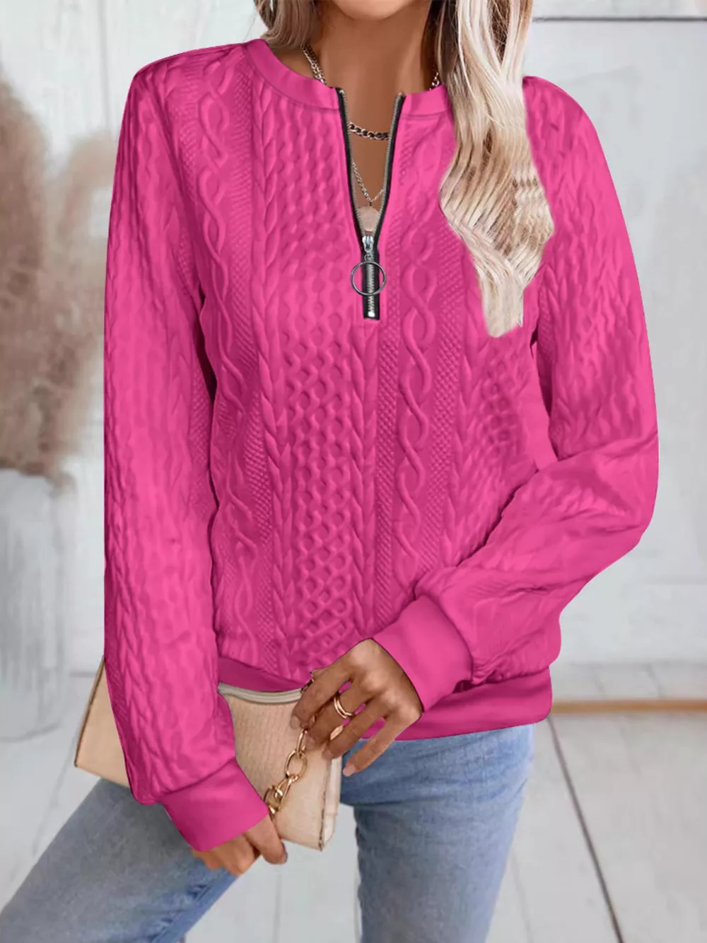 Chic Cable Texture Quarter-Zip Sweatshirt, image 8