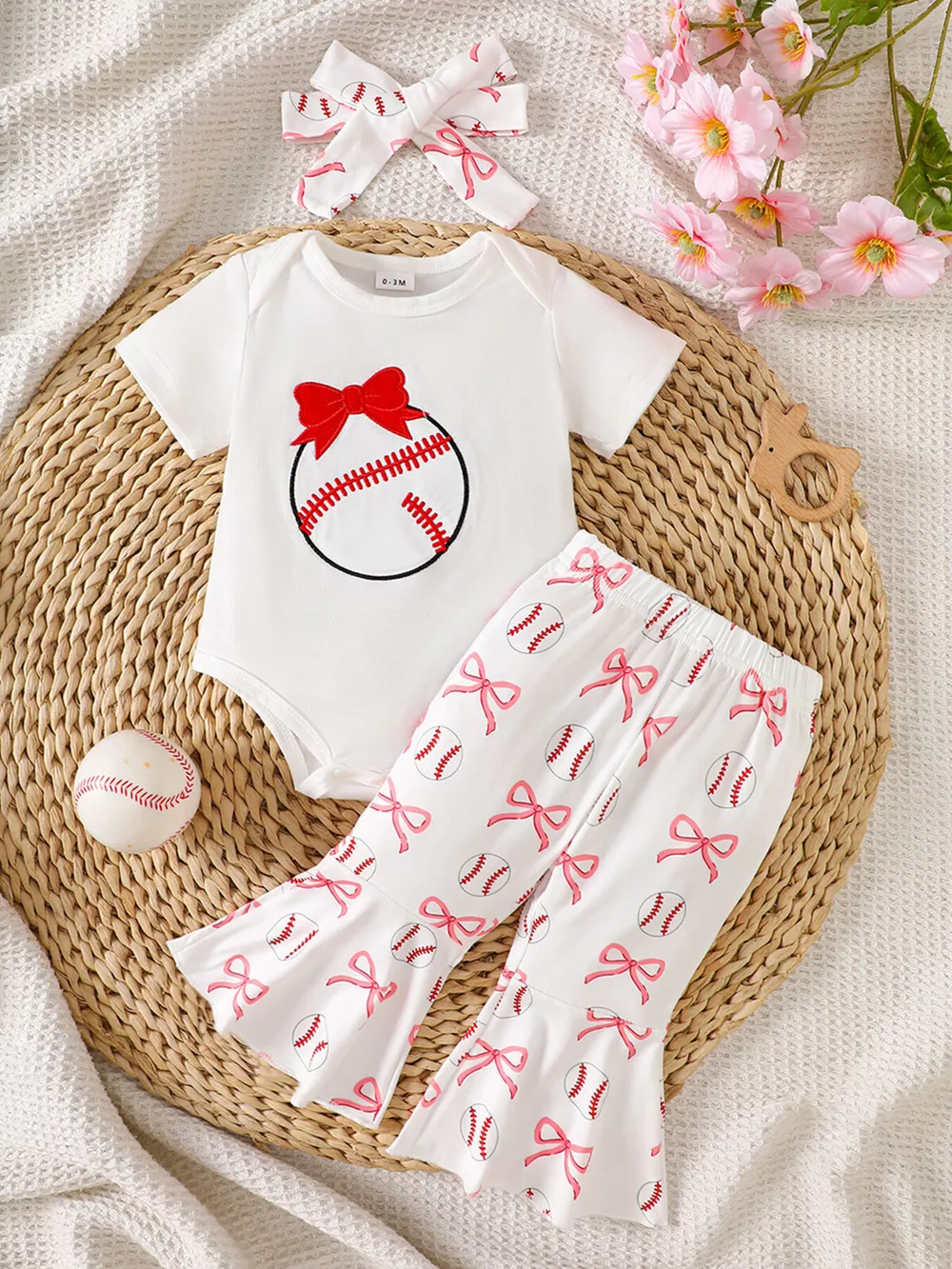 Children's Baseball Short Sleeve Bodysuit and Bow Pants Set with Headband