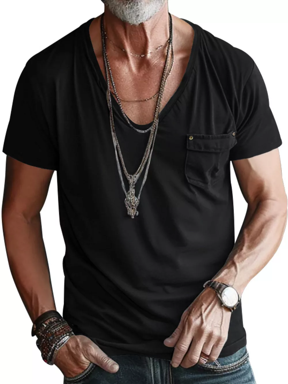Men's Full Size V-Neck Pocket T-Shirt Plus Size