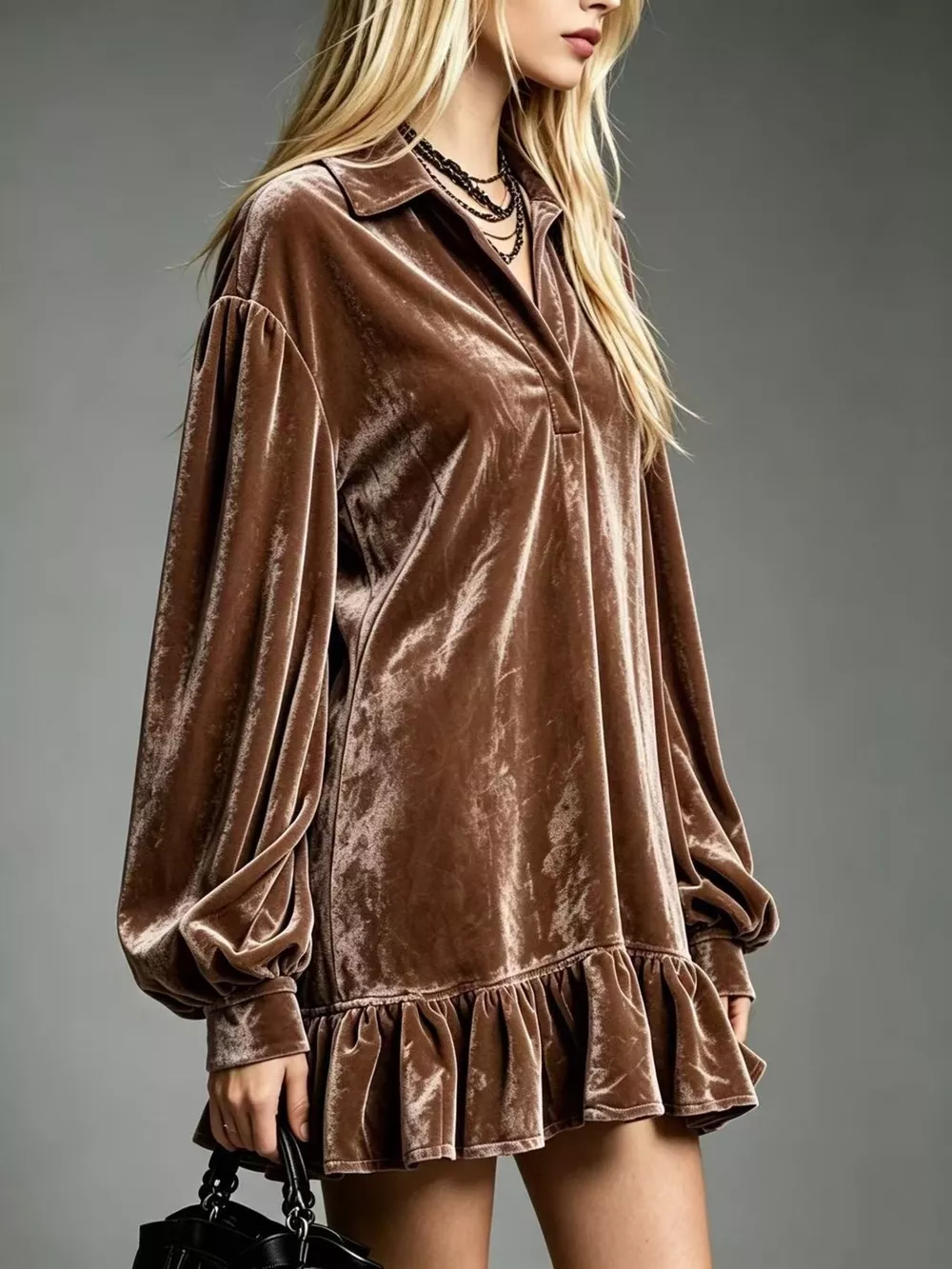 Full Size Velvet Long-Sleeve Ruffle Hem Mini Dress Plus Size, image 11