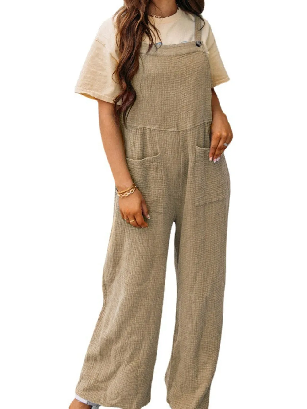 Full Size Casual Wide Leg Textured Overalls Plus Size, image 28