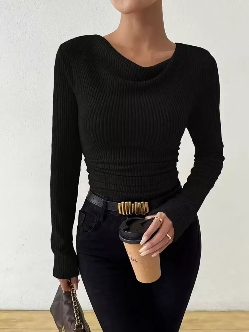 Cowl Neck Ribbed Knit Top