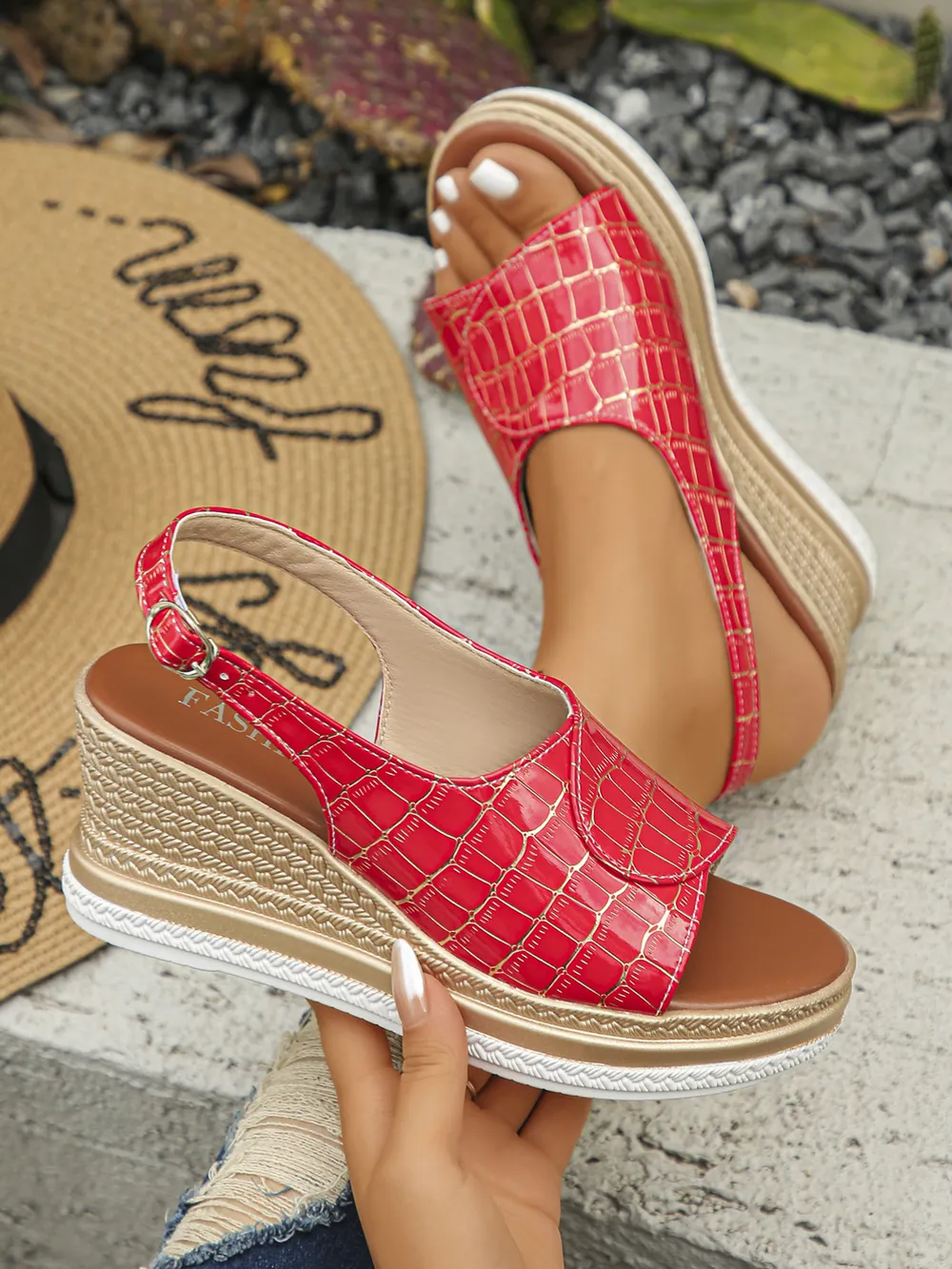 Crocodile Pattern Platform Wedge Sandals, image 8