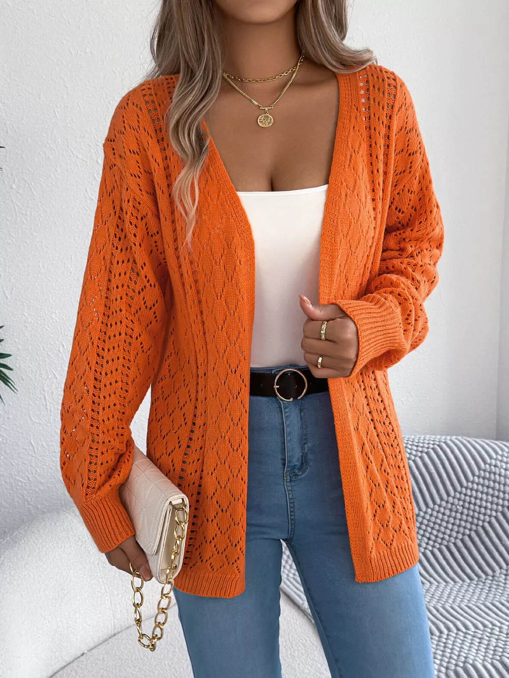 Openwork Open-Front Long Sleeve Cardigan, image 15