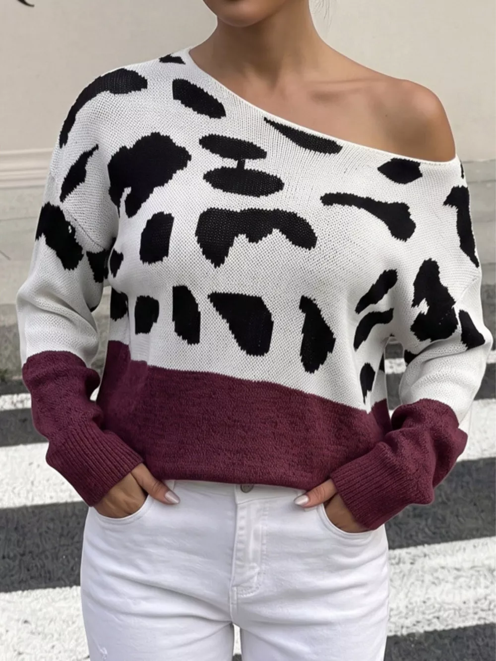 Full Size Leopard One Shoulder Sweater Plus Size, image 5