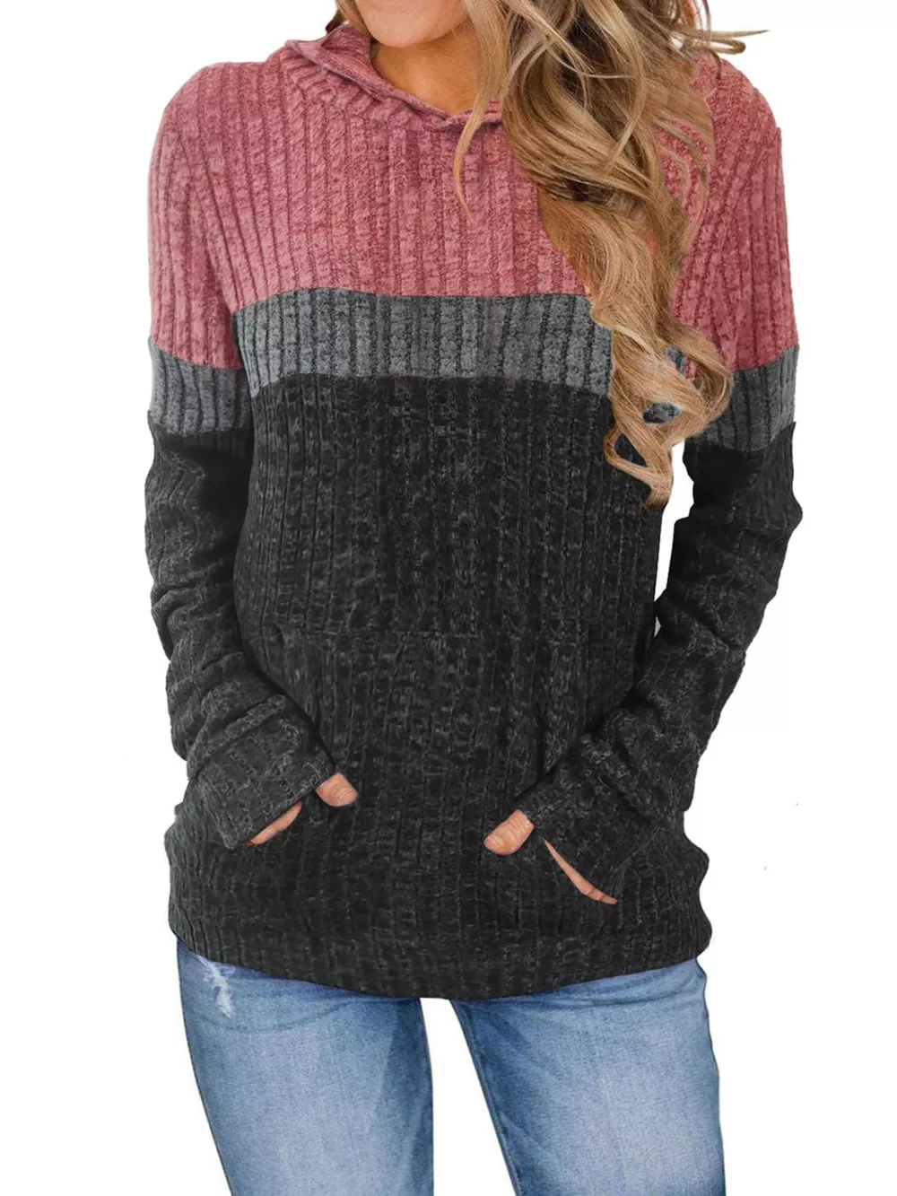 Full Size Color Block Ribbed Knit Hoodie Plus Size, image 16