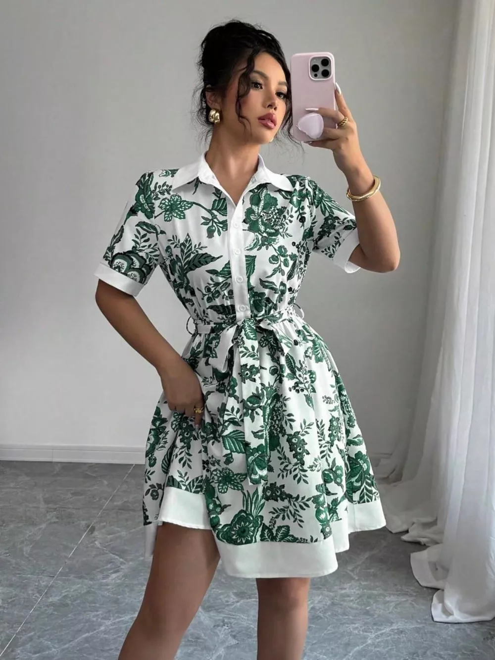 Floral Print Button-Front Shirt Dress, image 9