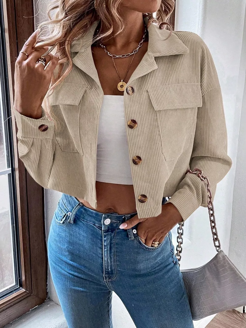 Cropped Corduroy Button-Down Jacket, image 7