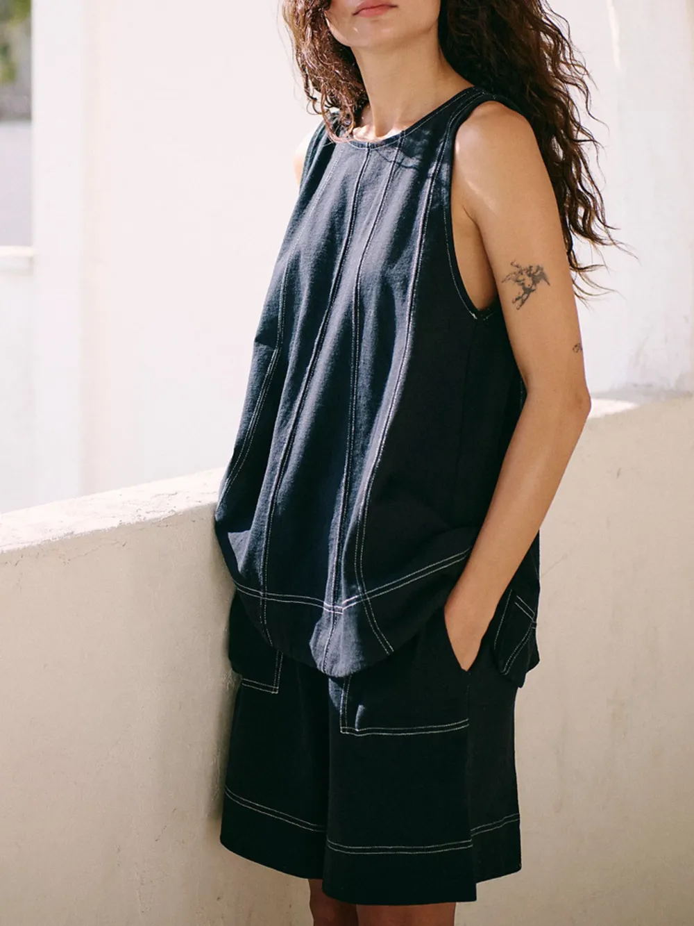 Casual Contrast Stitch Denim Tank Top and Shorts Set, image 7