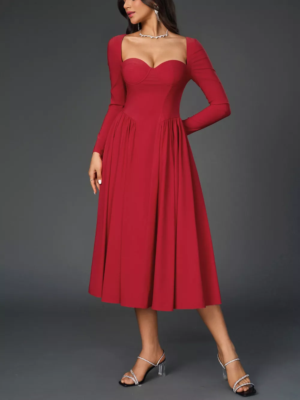 Sweetheart Neckline Long Sleeve A-Line Midi Dress, image 7
