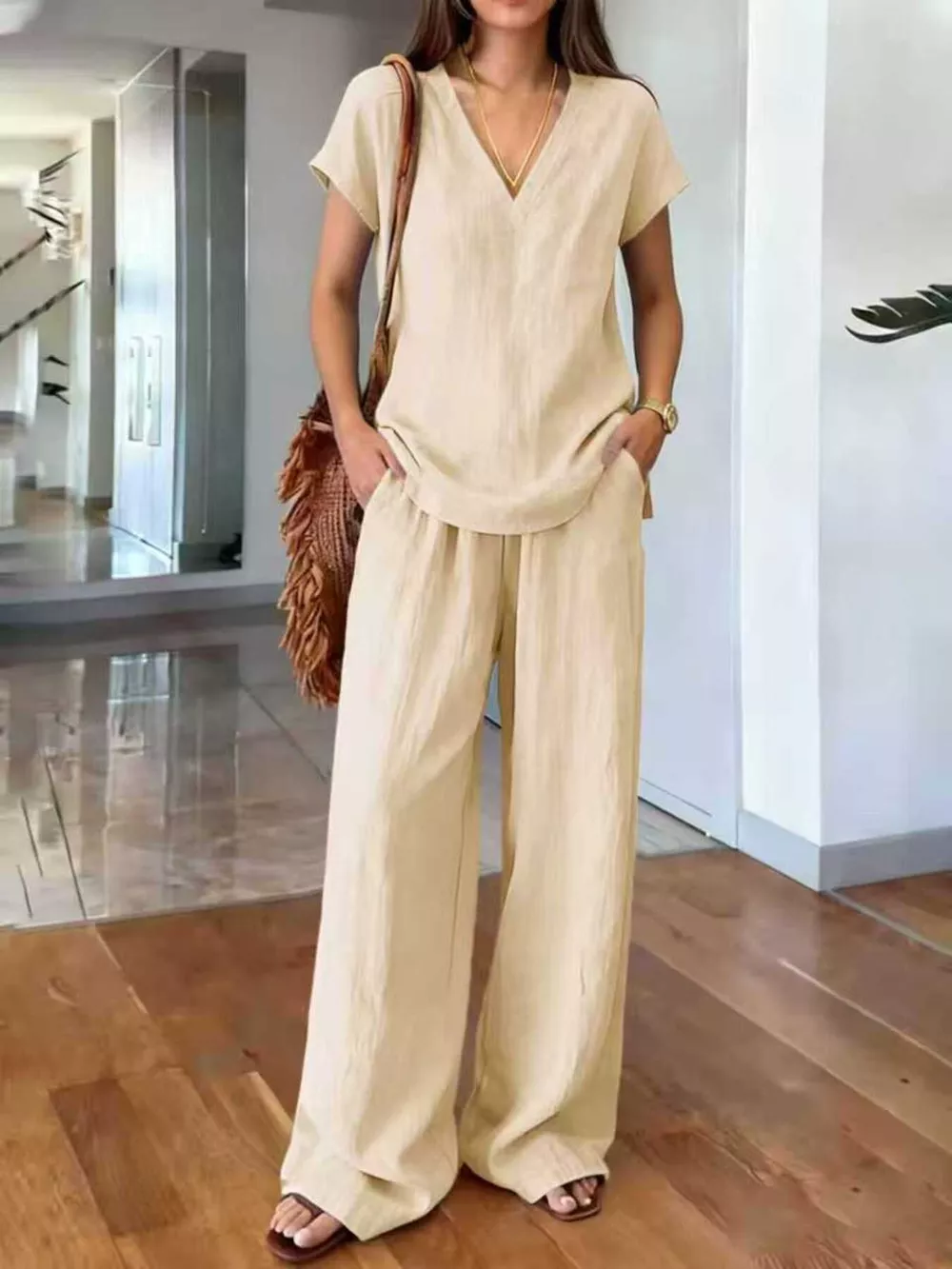 Full Size V-Neck Short Sleeve Top and Pants Set Plus Size, image 3