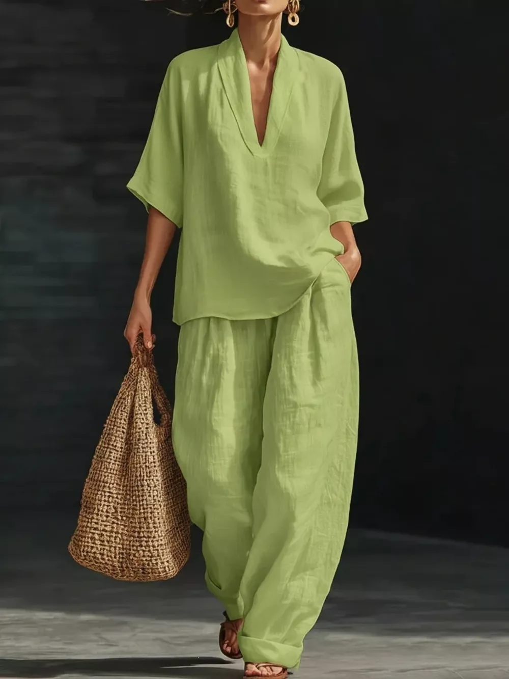 Full Size Half Sleeve Top and Wide Leg Pants Set Plus Size, image 4