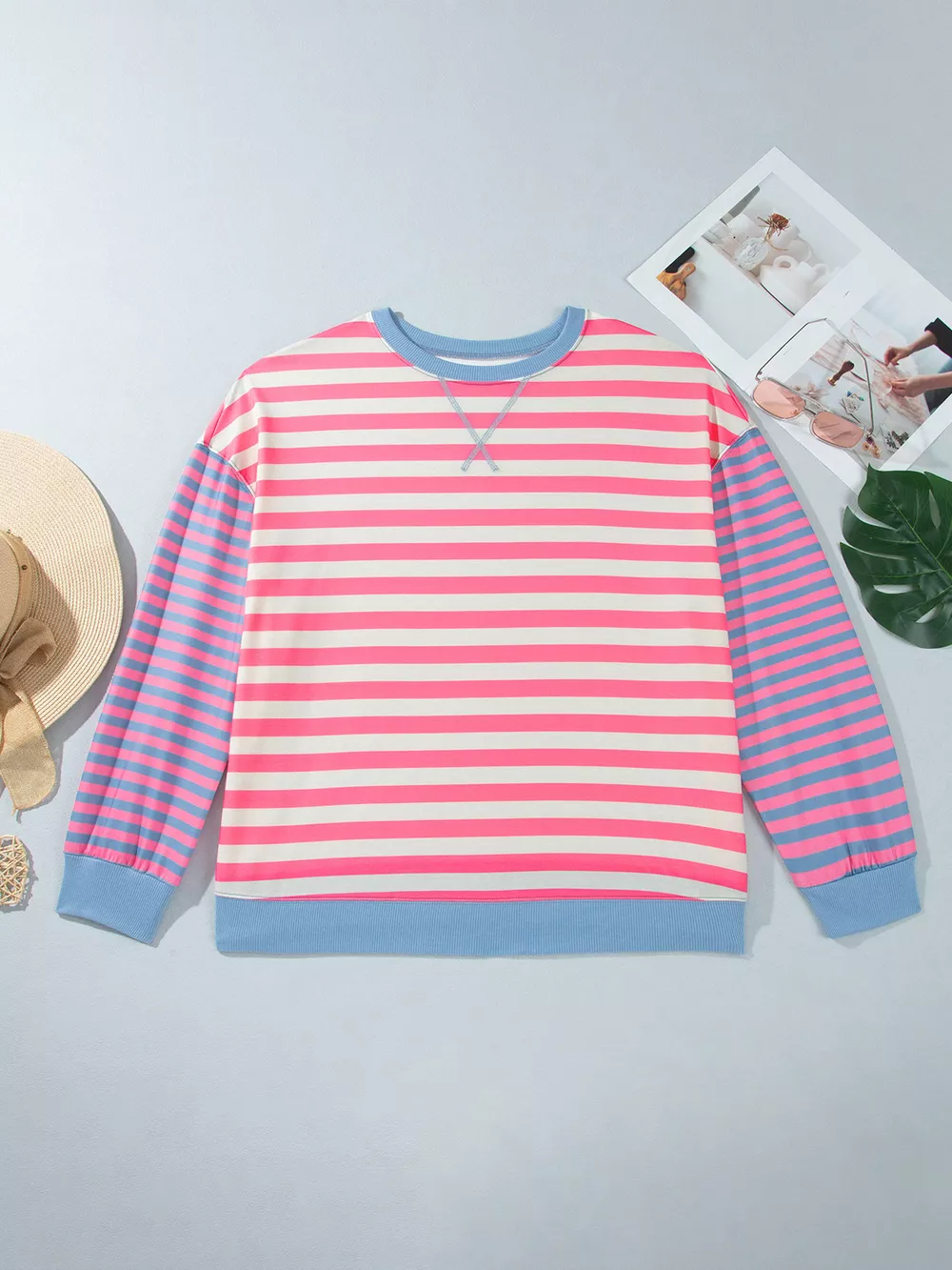 Plus Size Color Block Striped Crewneck Long Sleeve Shift Tunic Sweatshirt, image 4