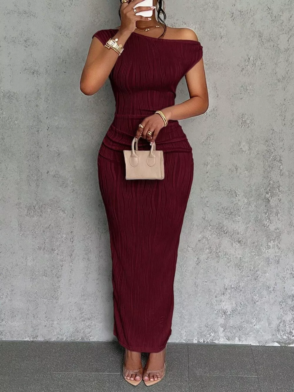 One-Shoulder Textured Maxi Dress, image 8