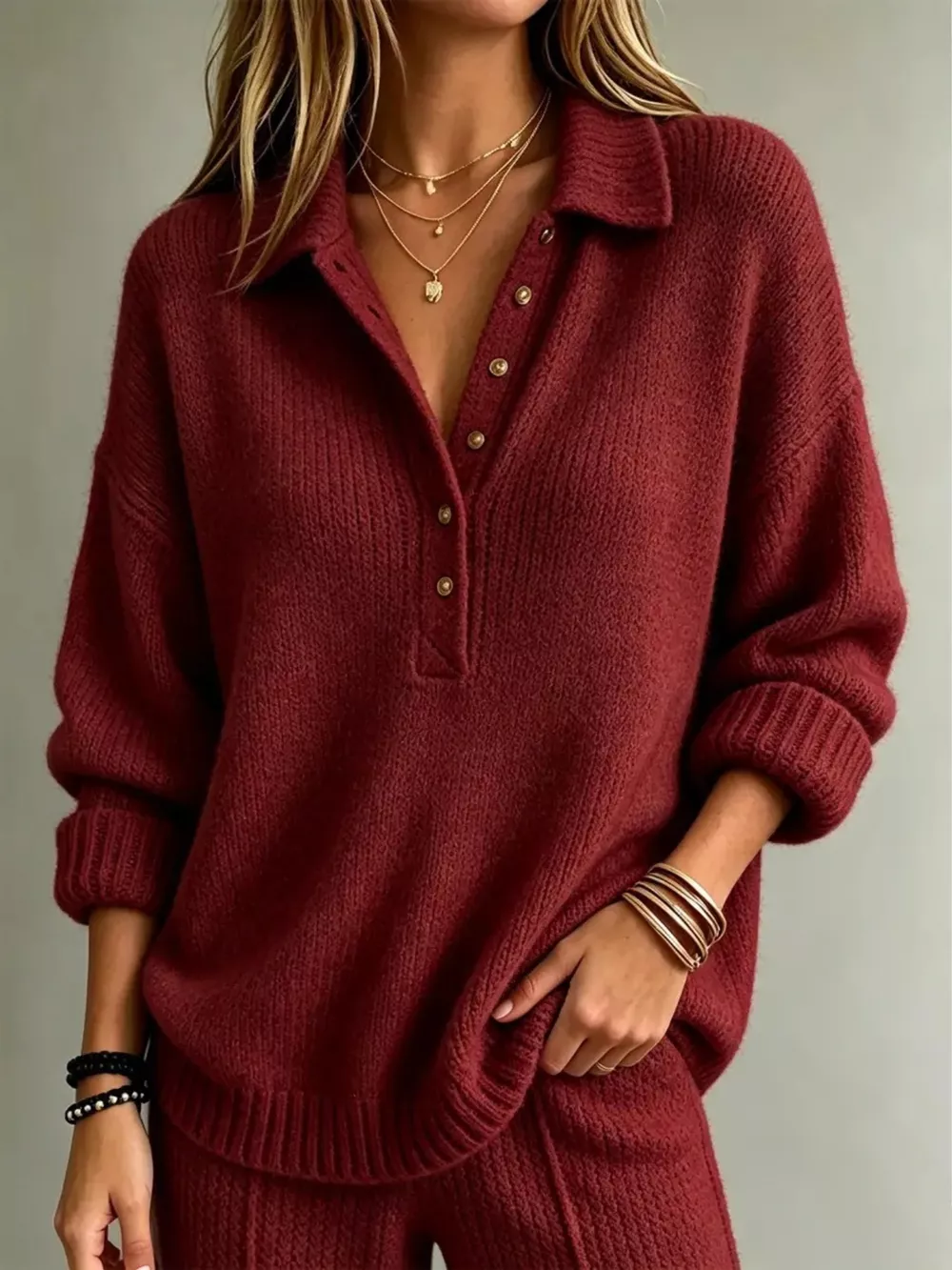Full Size Button Detail Dropped Shoulder Sweater Plus Size, image 7