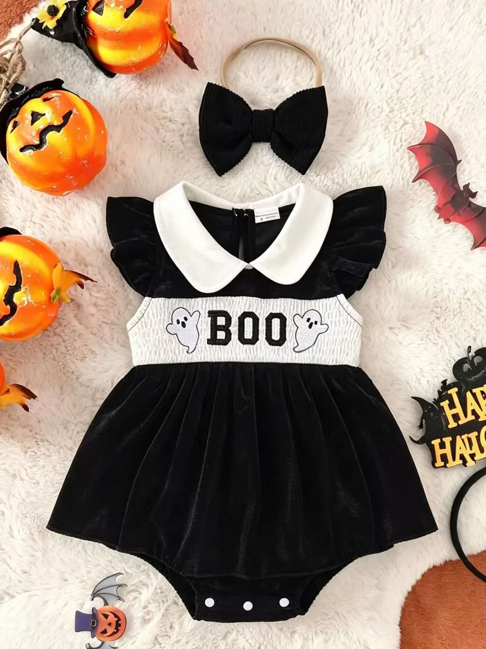 Children's Halloween 'BOO' Ghost Velvet Bodysuit Dress and Bow Headband Set