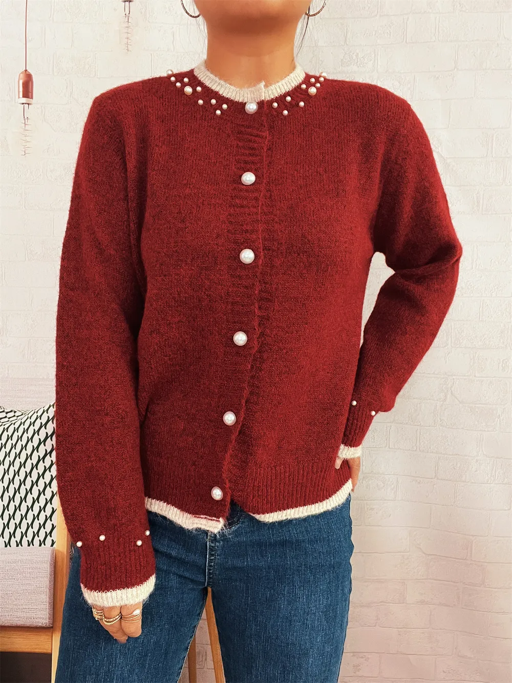Pearl Embellished Button-Front Cardigan, image 4