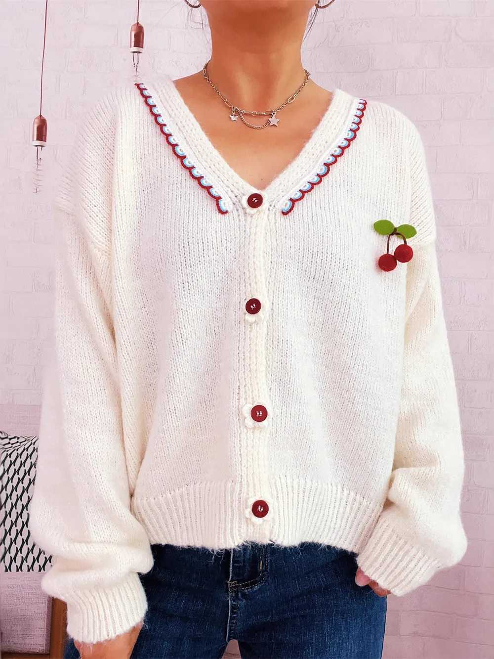 Cherry Button-Front Long Sleeve Cardigan, image 8