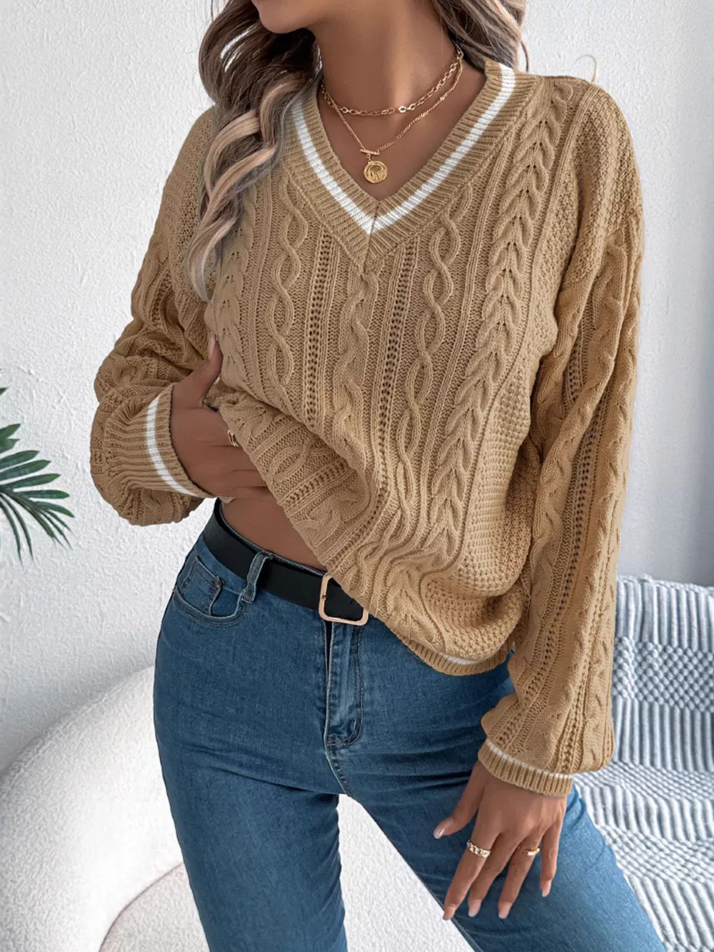 V-Neck Cable Knit Sweater with Striped Trim, image 8