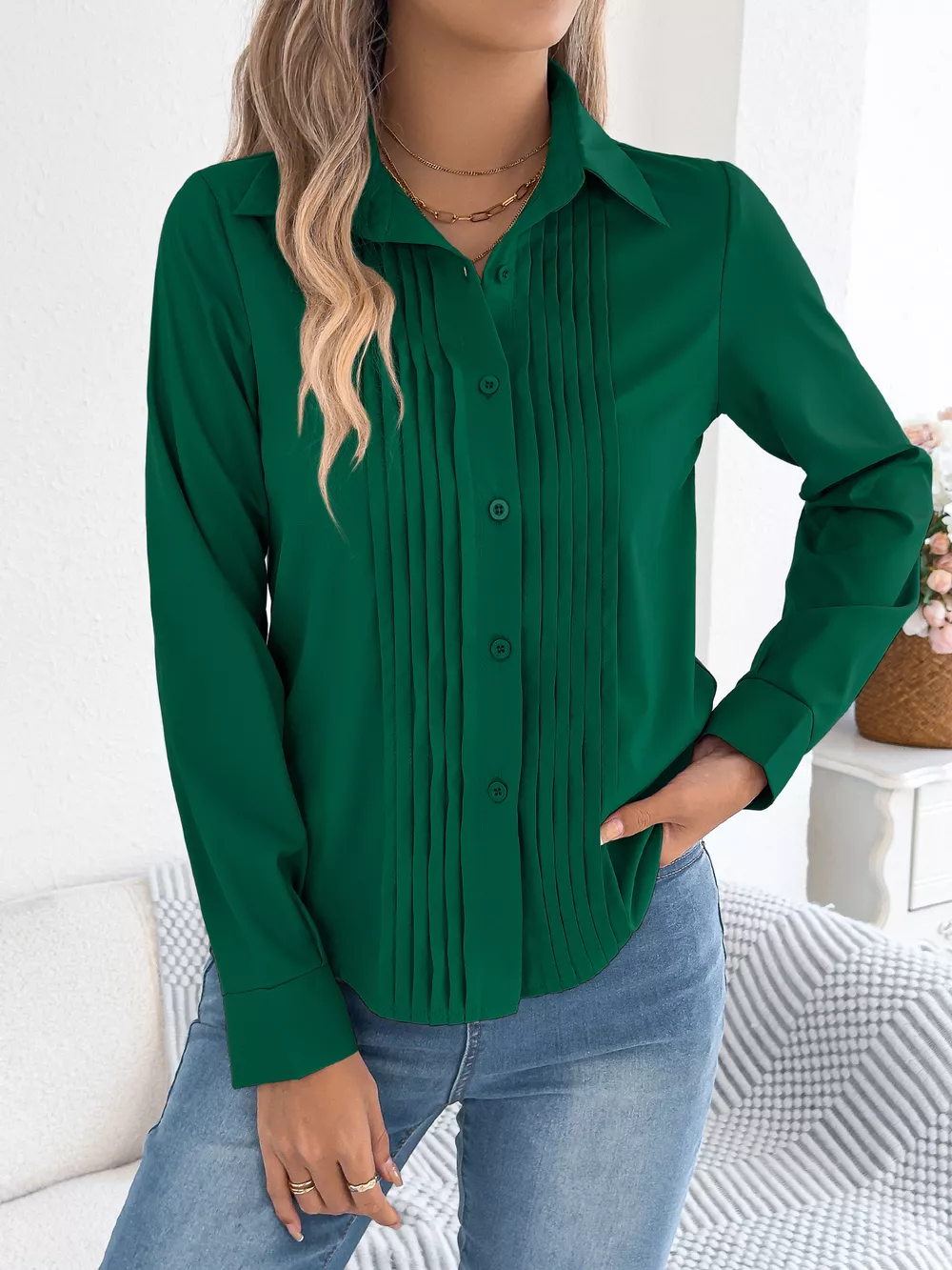 Pleated Front Long Sleeve Shirt, image 13