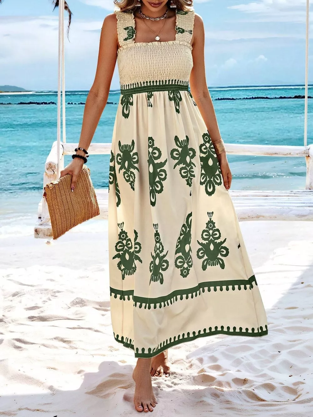 Smocked Printed Square Neck Maxi Dress, image 11
