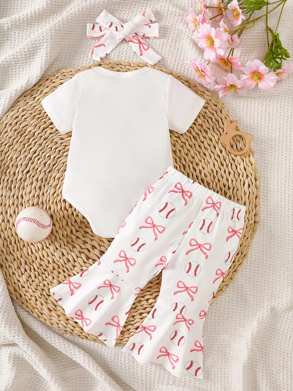 Children's Baseball Short Sleeve Bodysuit and Bow Pants Set with Headband, image 7