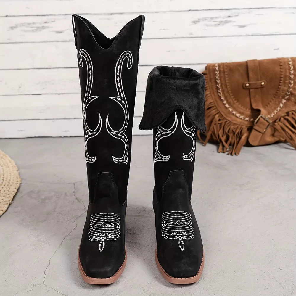 Embroidered Round Toe Block Heels Boots, image 4