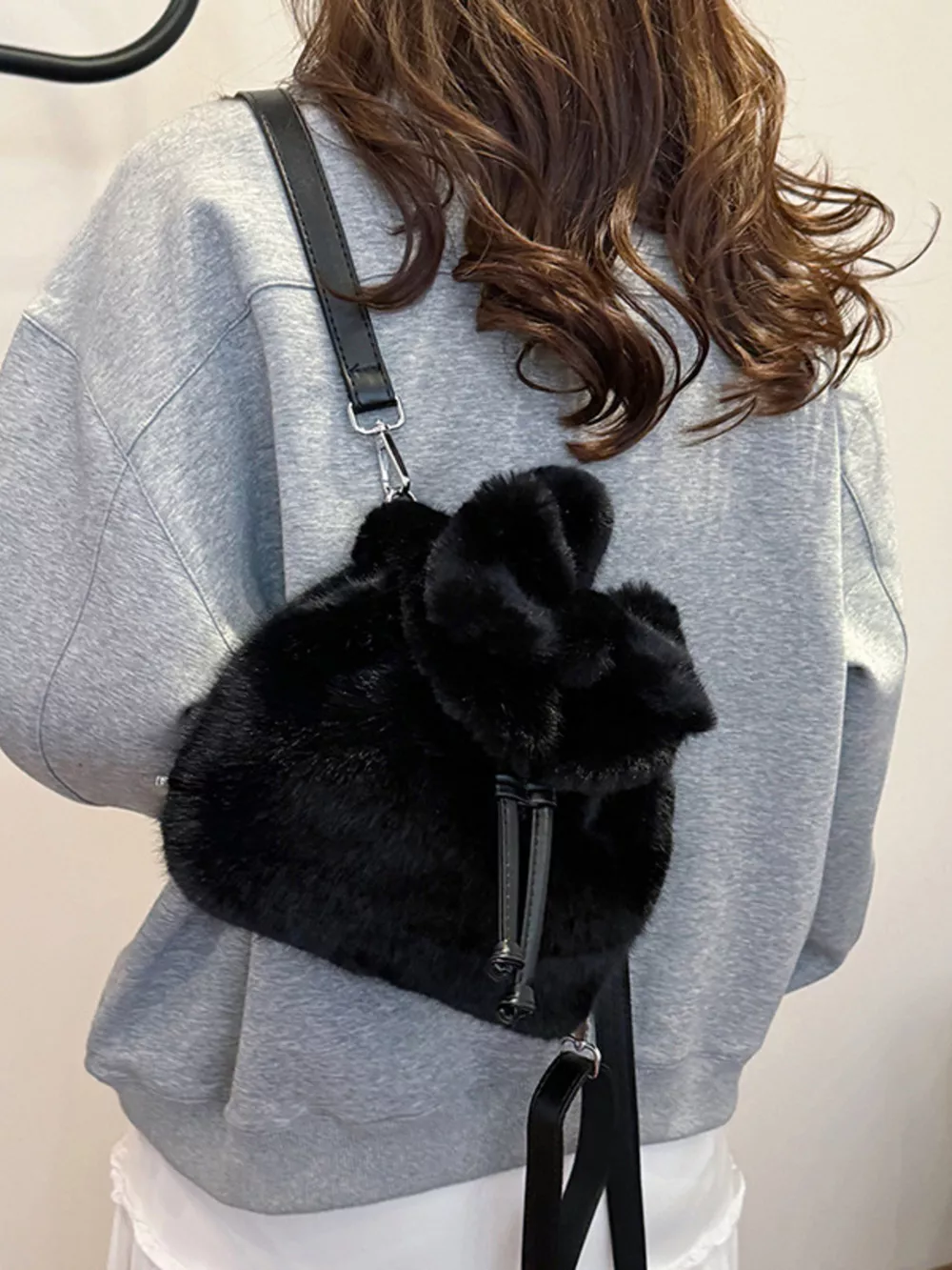 Fuzzy Plush Drawstring Backpack Bag, image 3