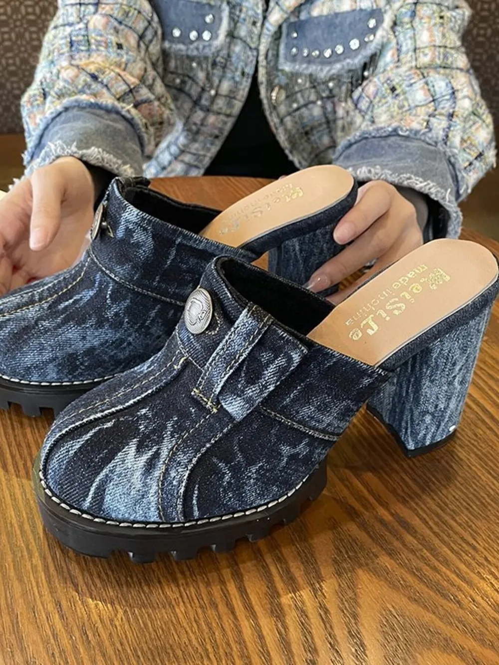 Denim Round Toe Block Heels Sandals, image 4