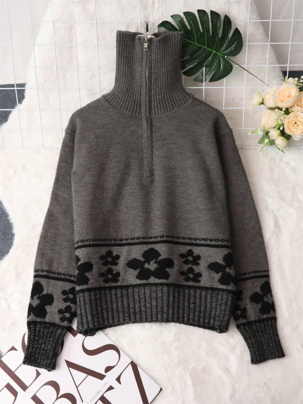 Flower Zip Collar Long Sleeve Sweater, image 18