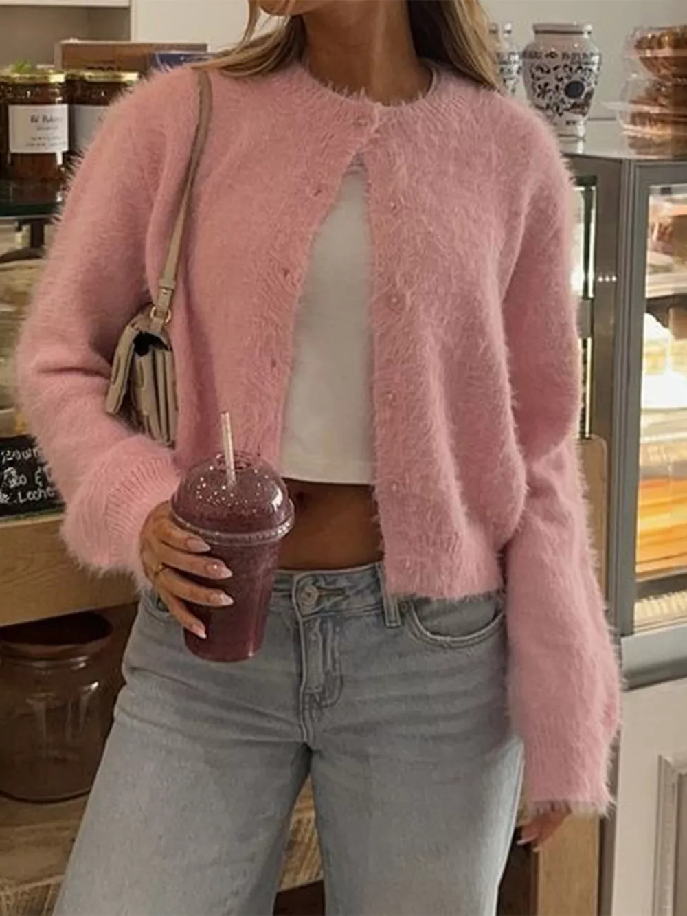 Fluffy Knit Button-Down Cardigan, image 4