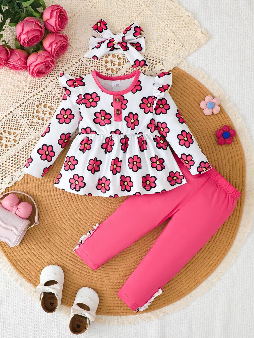Children's Floral Ruffle Peplum Top and Leggings Set with Headband