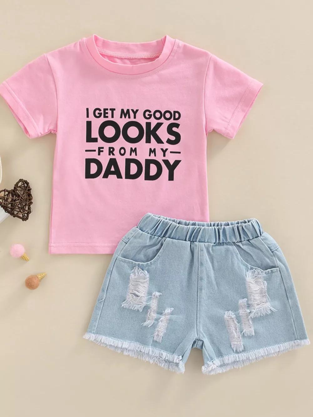 Children's Letter Tee & Ripped Denim Shorts Set, image 2