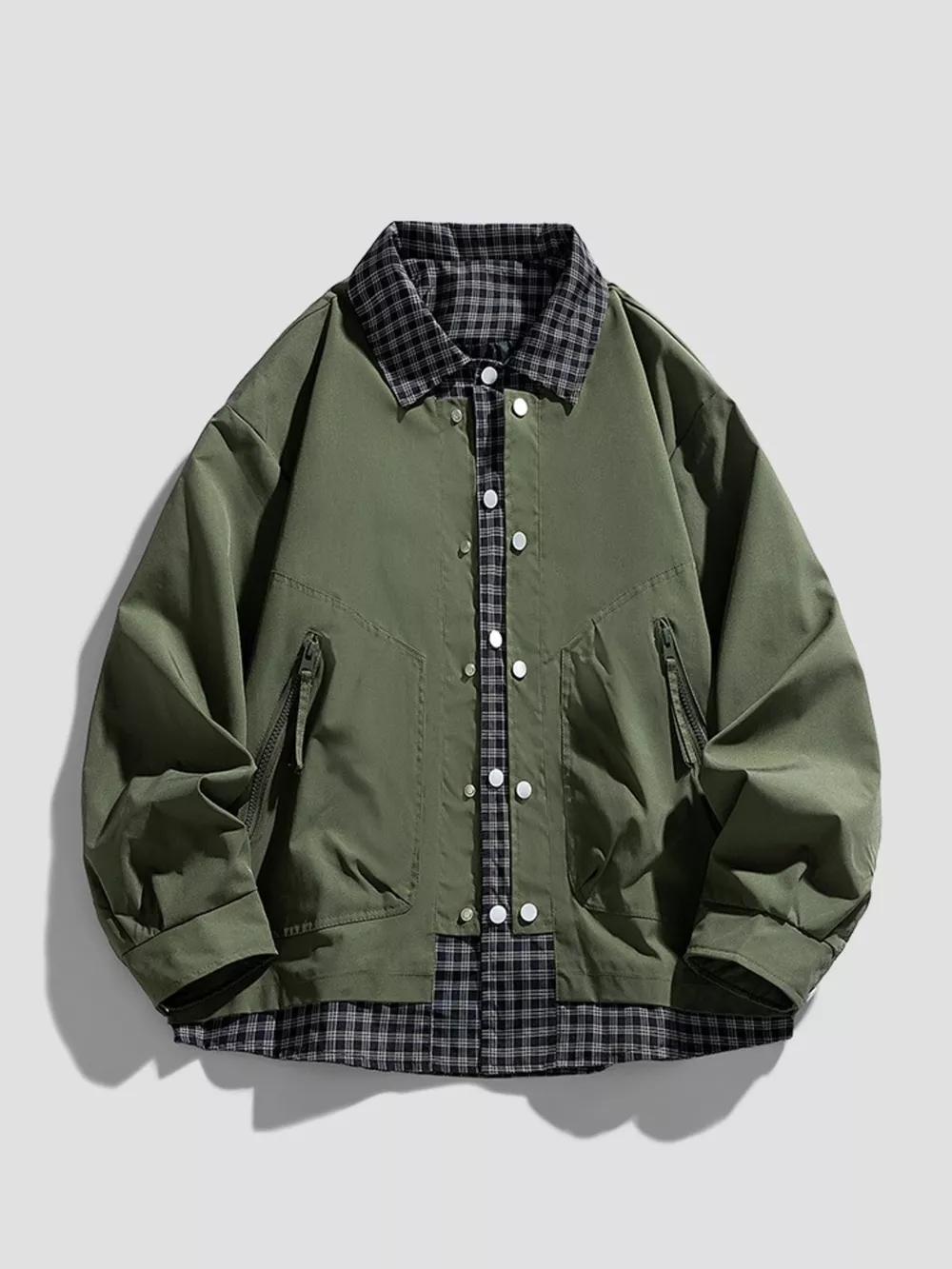 Men's Plus Size Plaid Trim Snap Down Casual Jacket, image 5