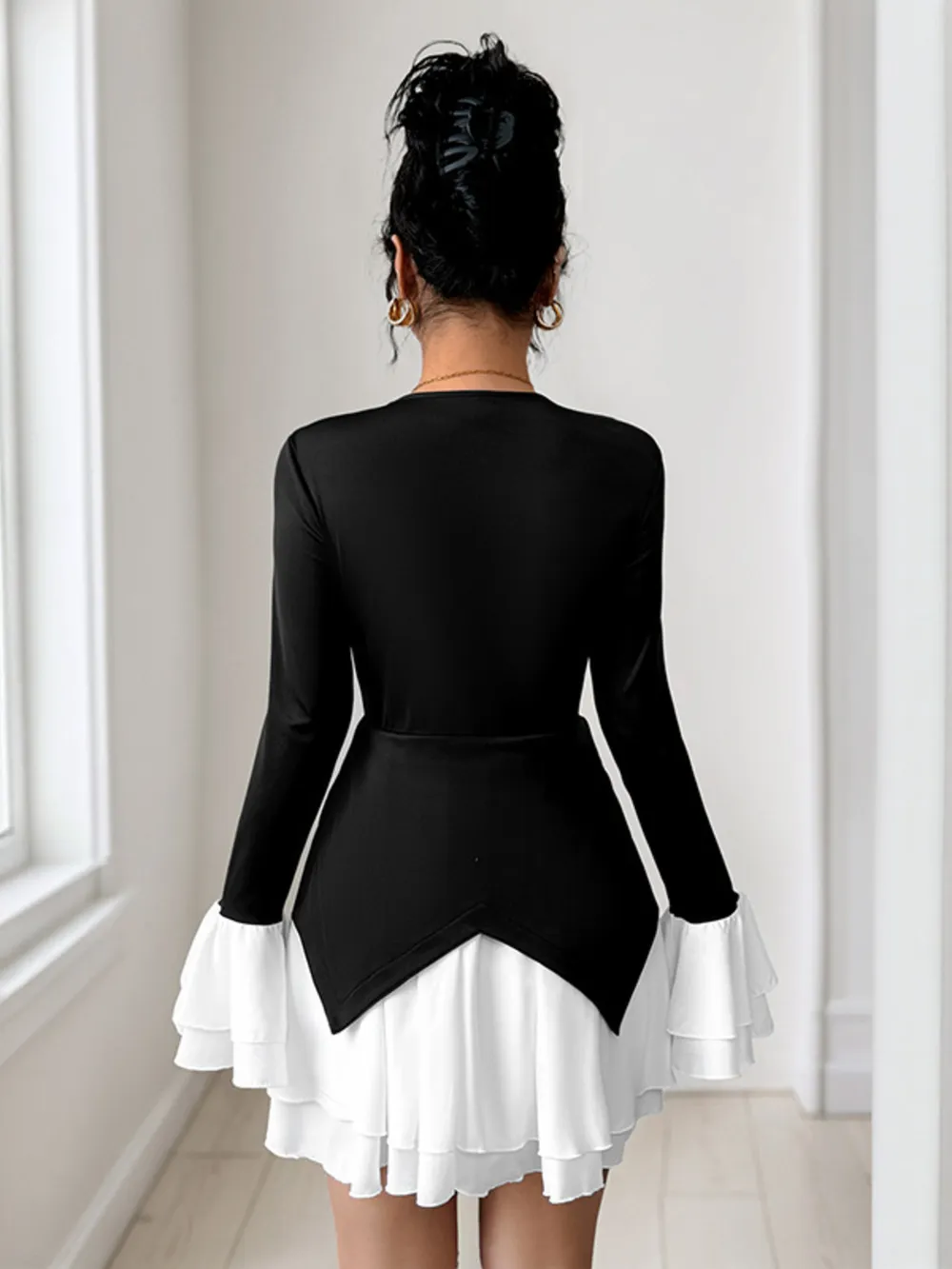 Two Tone V-Neck Long Sleeve Mini Dress, image 5