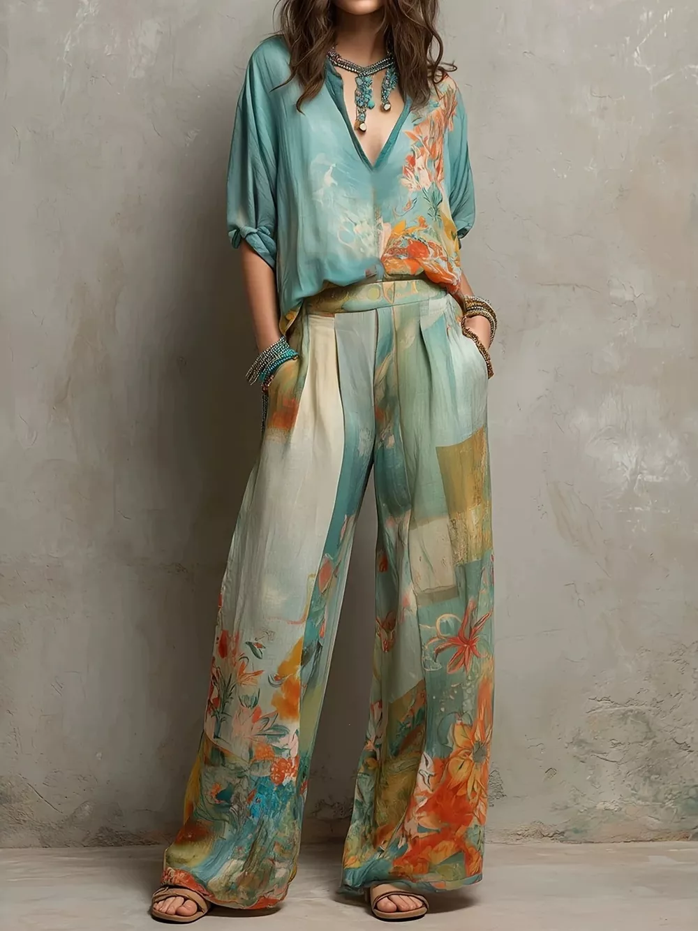 Full Size Floral Print Blouse and Wide-Leg Pants Set Plus Size