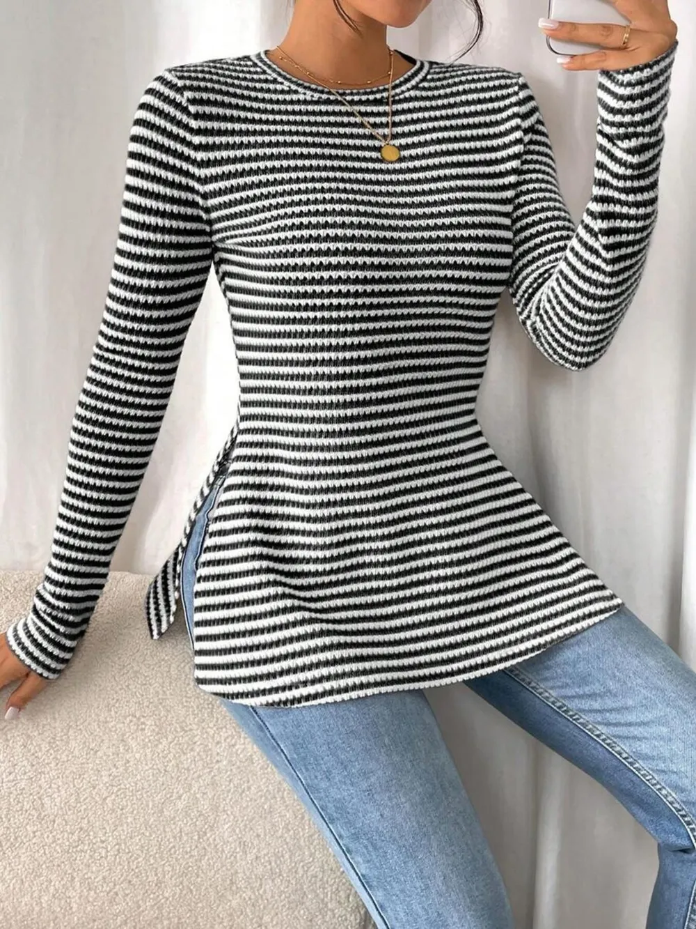 Side Slit Striped Long Sleeve T-Shirt, image 16
