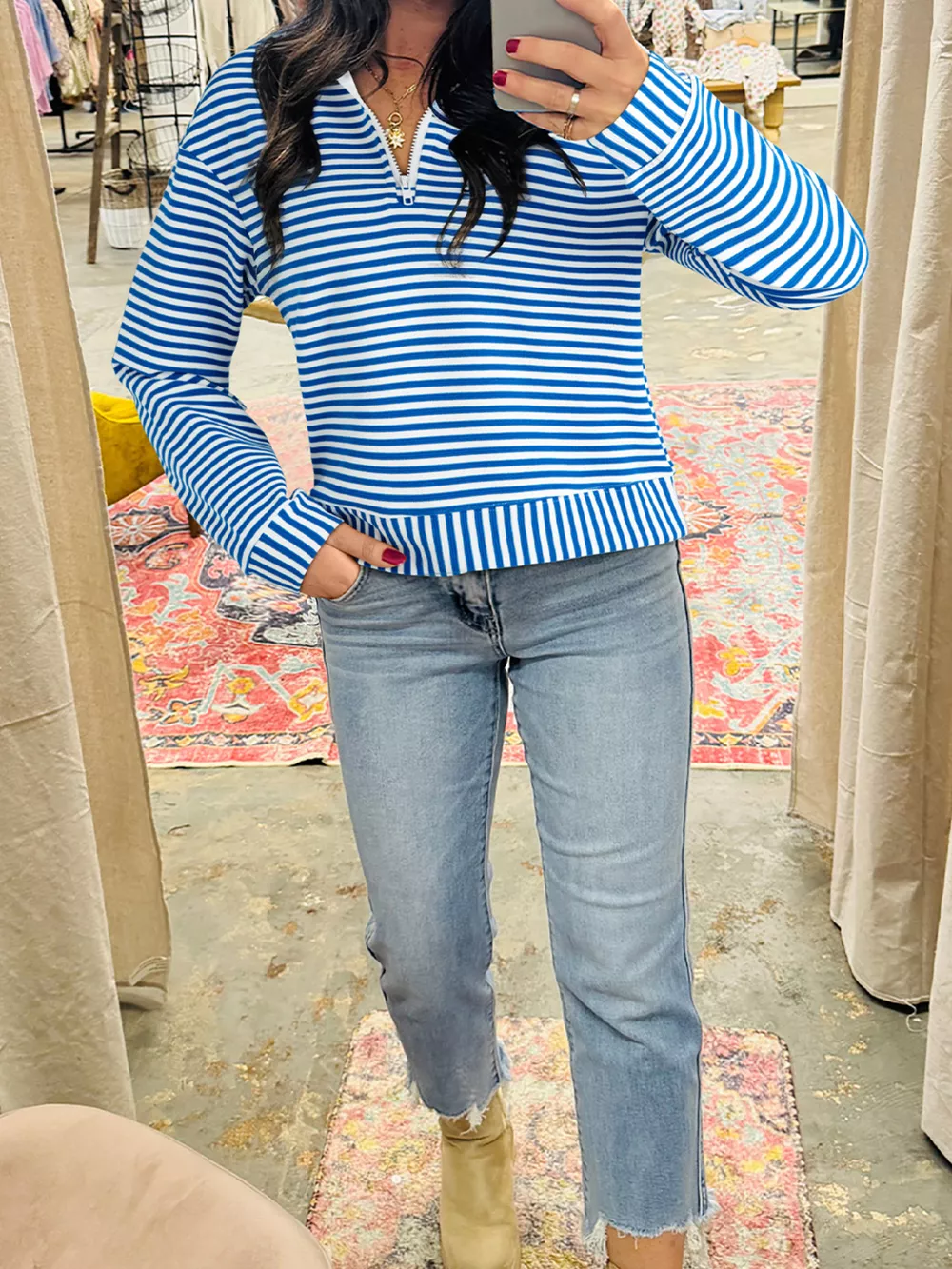 Stripe Quarter Zip Collar Long Sleeve Top, image 2