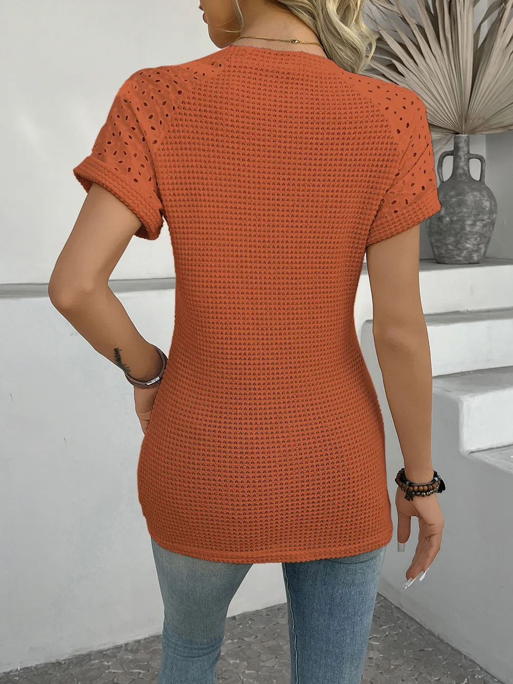 Hollow Out Waffle Knit Short Sleeve T-Shirt, image 27