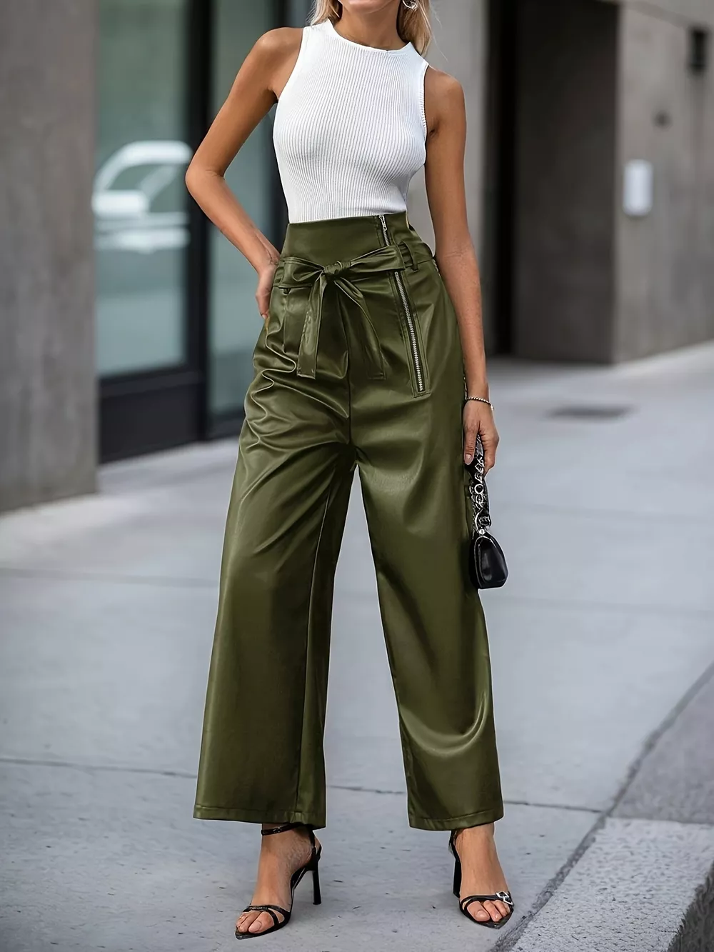 High-Waisted Faux Leather Wide-Leg Pants with Tie-Waist and Zipper Detail, image 2