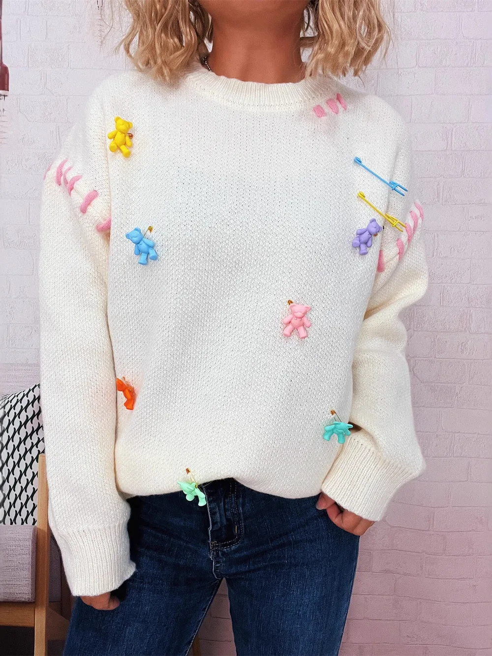 Bear Decoration Round Neck Sweater, image 11