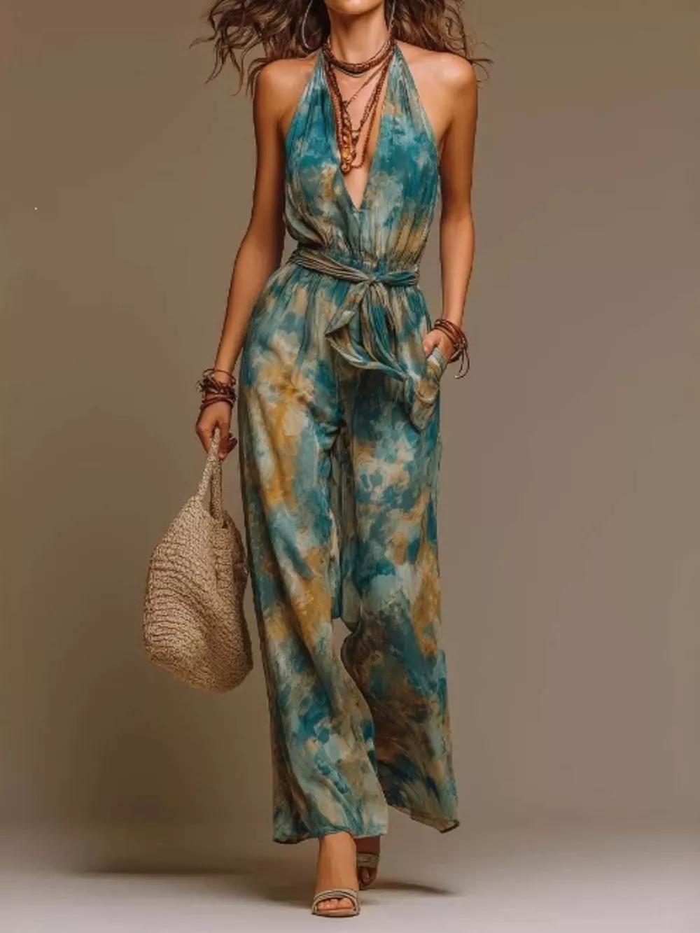 Full Size Tie-Dye Halter Neck Wide-Leg Jumpsuit Plus Size
