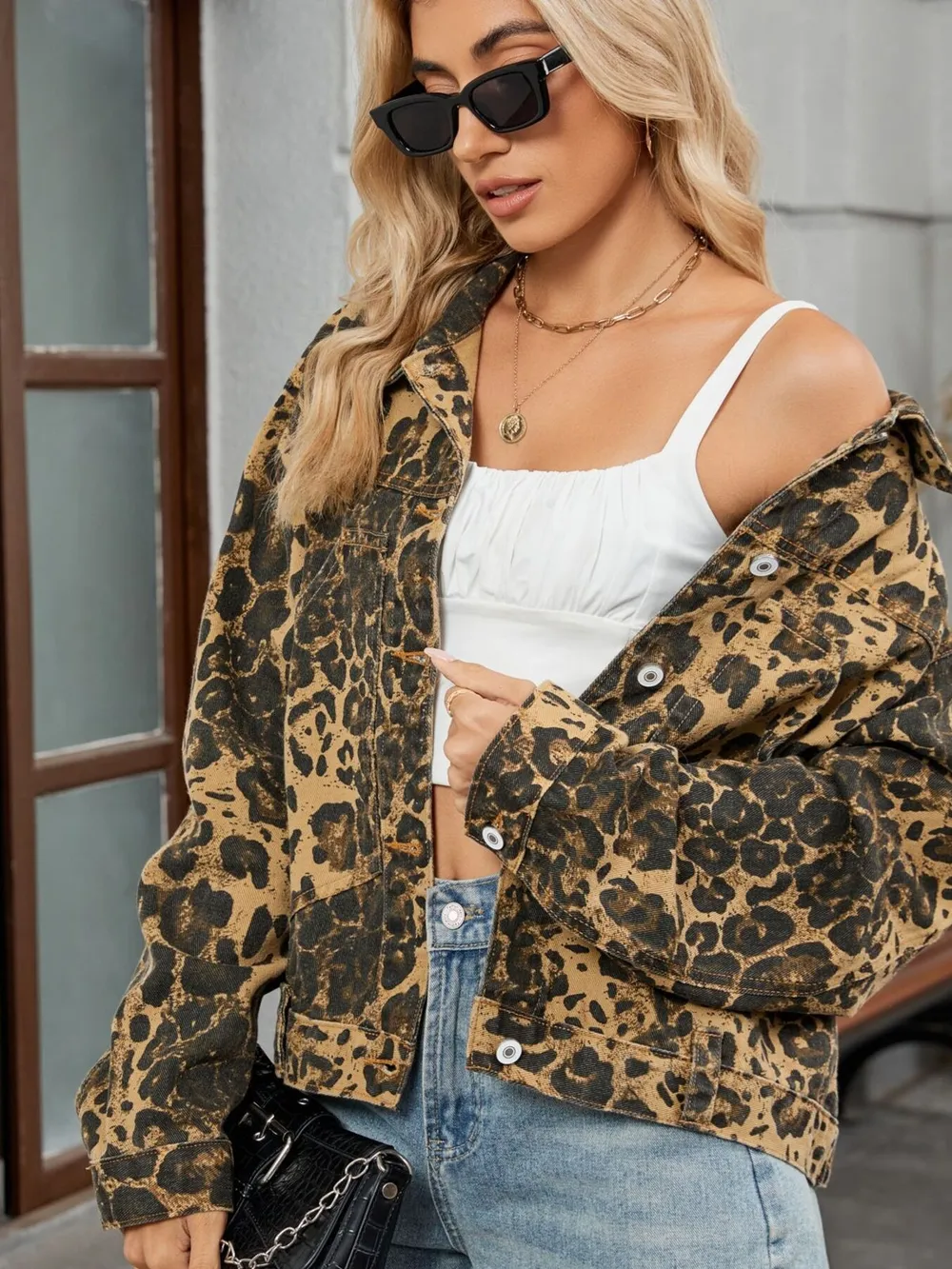 Leopard Print Button Up Denim Jacket, image 6