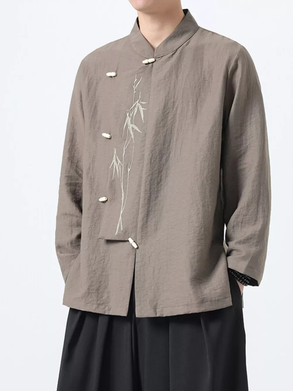 Men's Plus Size Chinese Style Embroidered Bamboo Linen Shirt, image 4