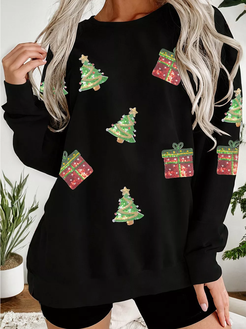 Sequin Christmas Trees Gifts Patched Drop Shoulder Sweatshirt