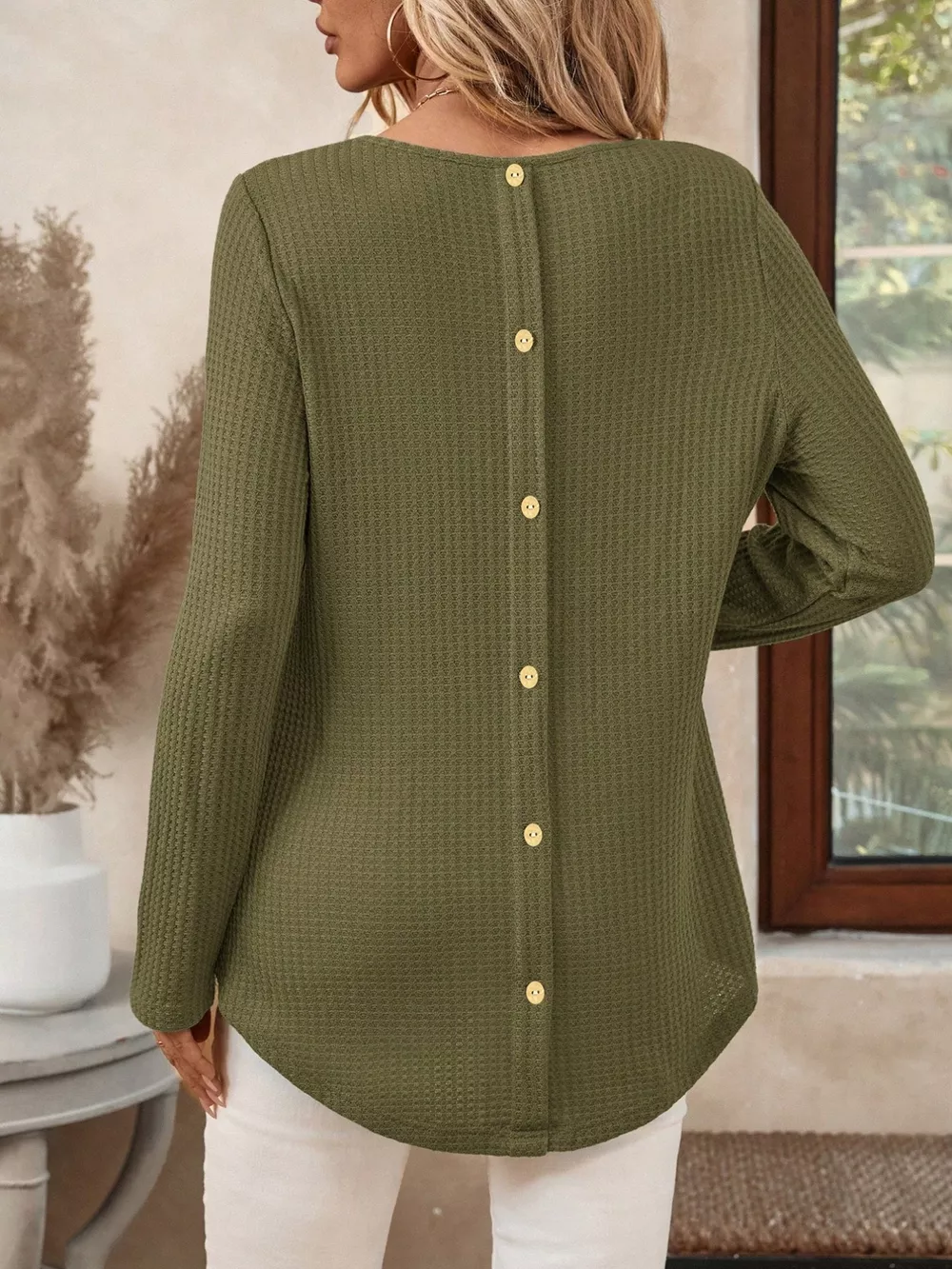 Plus Size Casual Waffle Knit Long Sleeve T-Shirt, image 3