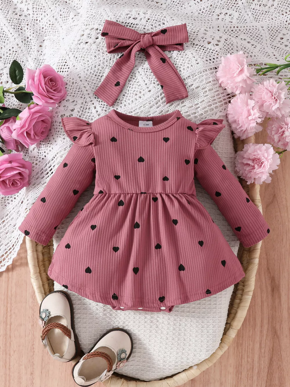 Children's Heart Print Ruffle Trim Bodysuit Dress with Headband, image 17