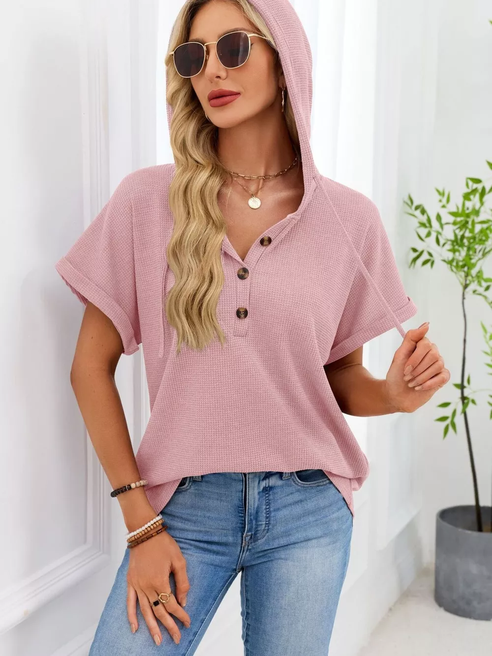 Casual Waffle Knit Button Detail Hooded Top, image 22